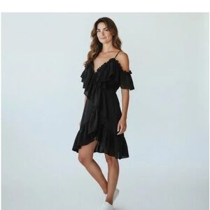 MISA Black Ruffle Off The Shoulder Mini Wrap Dress Size M